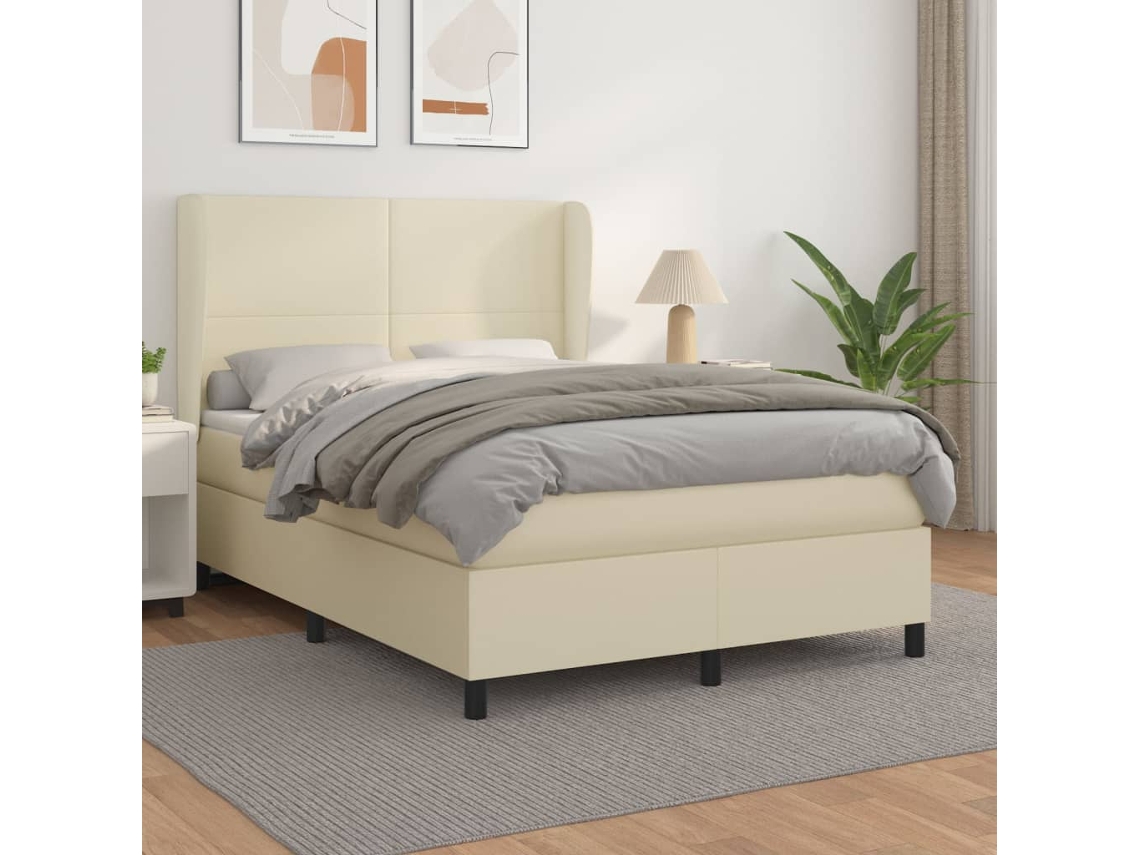 Syfax™ Cama Box Spring Con Colchón Cuero Sintético Crema 140x200cm