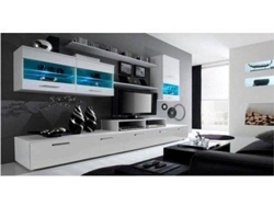Mueble Salón Comedor Moderno Con Leds, Acabado En Blanco Mate Y Blanco Brillo Lacado,  250x42x194cm