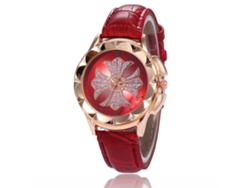 Reloj De Cuarzo Para Mujer Con Correa De Cuero Pu Y Patrón De Flores Con Piedras (rojo)
