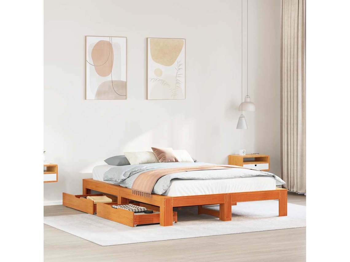 Cama Sin Colchón Madera Maciza De Pino Marrón Cera 140x190 Cm