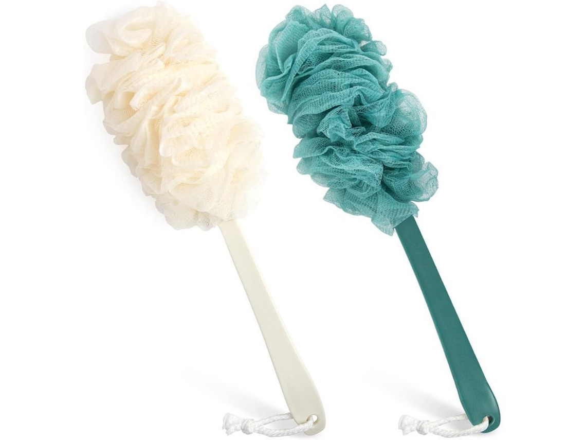 Paquete De 2 Esponjas De Baño Con Mango Largo, Cepillo Exfoliante Corporal Para La Ducha (azul Y Blanco)