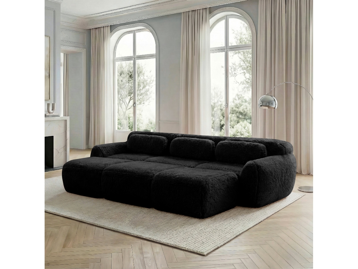 Sofá Boneless Cloud 3 Plazas - Modulares, Suave Felpa, 3 Ottomans - Negro