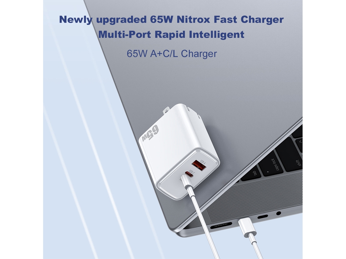 Cargador Rápido Gan De 65 W, Estándar Estadounidense, Con Puertos A/c/l, Compatible Con Ios, Android Y Tabletas.