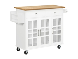 Carrito De Cocina Tipo Isla Con 2 Cajones, Puertas De Cristal Y Ruedas, Color Blanco.
