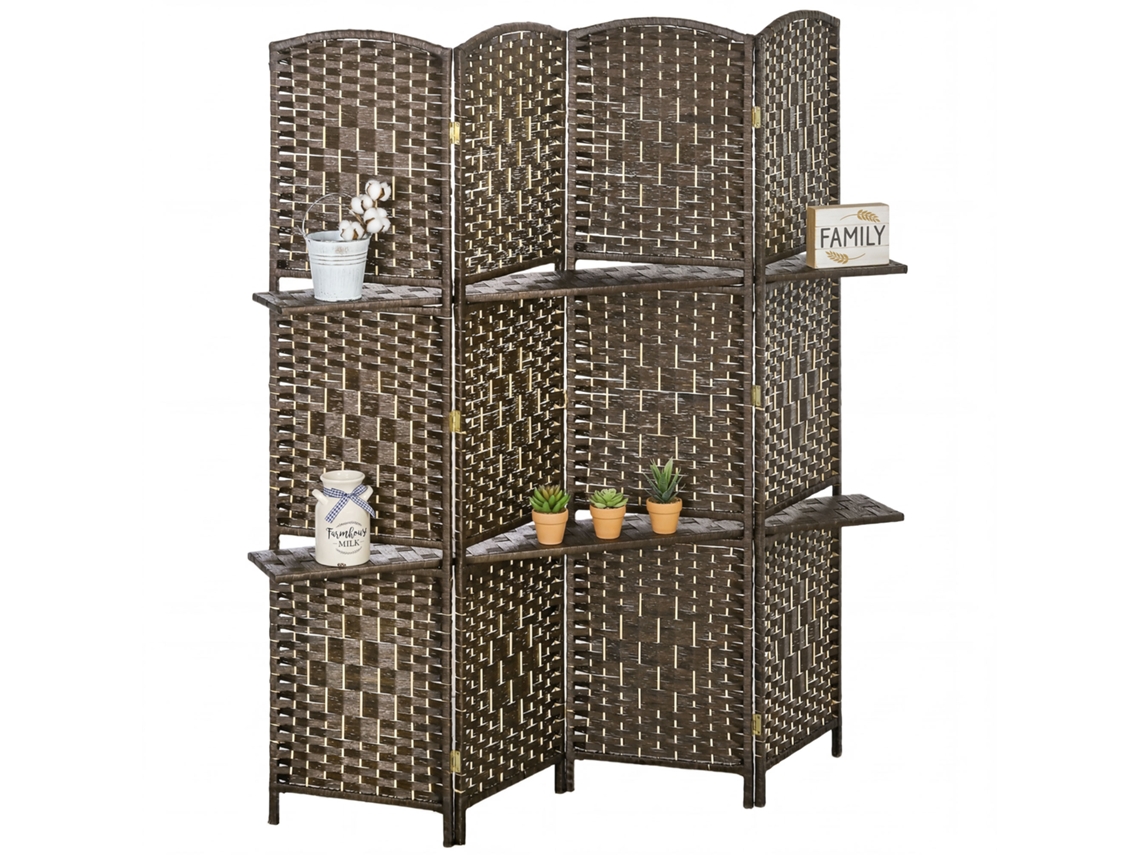Biombo 4 Paneles Madera 2 Estantes Plegable Separación Ambientes