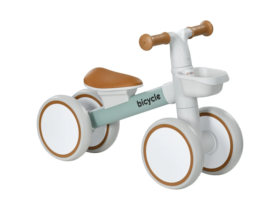 Bicicleta de equilibrio para bebés de 12 a 36 meses, con asiento ajustable, cesta y 4 ruedas silenciosas, color verde.