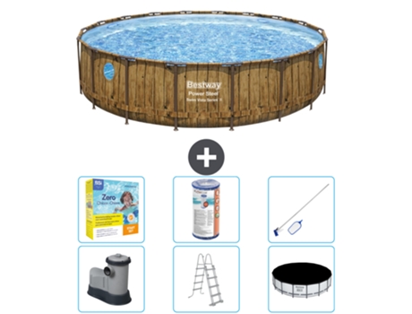 Piscina BESTWAY Round Power Steel Swim Vista - Impresión en madera - 549 x 122 - Incluye bomba - Escalera - Cubierta Accesorios CB36