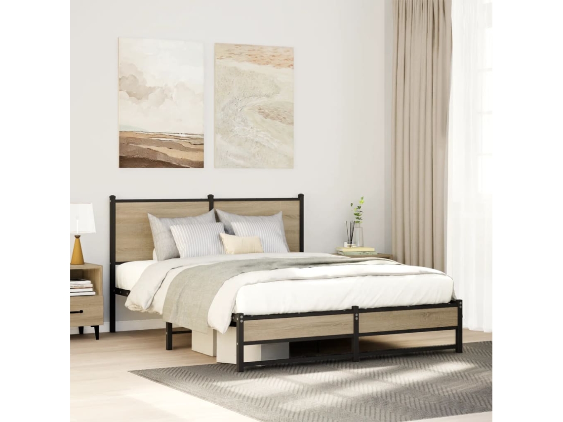 Estructura De Cama Sin Colchón Metal Roble Sonoma 140x190 Cm