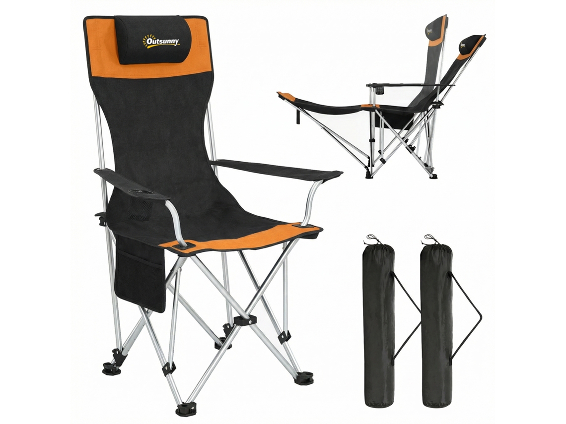 Juego de 2 sillas plegables de camping con reposapiés y portavasos, color negro y naranja.