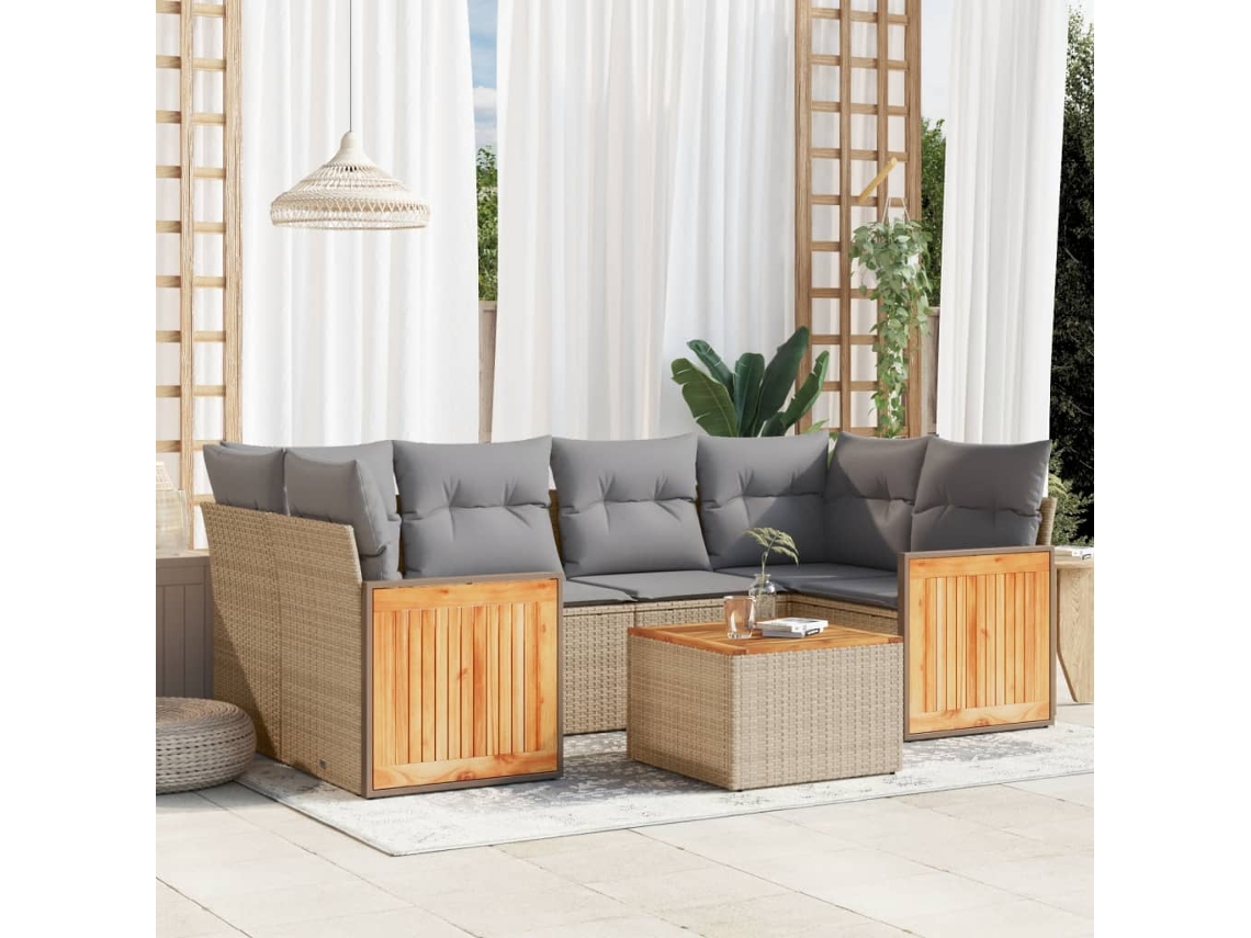 Conjunto de sofá de jardín de 7 piezas con cojines, mimbre sintético beige, Dkd Home Decor