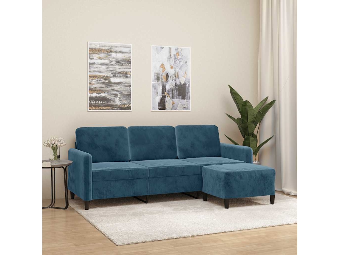 Sofá De 3 Plazas | Sofá De Salón | Sofá De Descanso Con Taburete De Terciopelo Azul 180 Cm