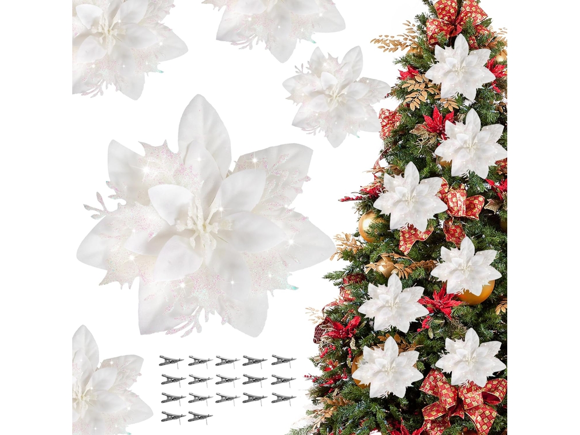 16 adornos navideños artificiales de flores de Nochebuena blancas con pinzas para árbol y guirnalda
