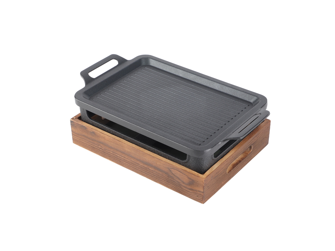 Mesa de barbacoa portátil con base de madera y estufa de alcohol compacta