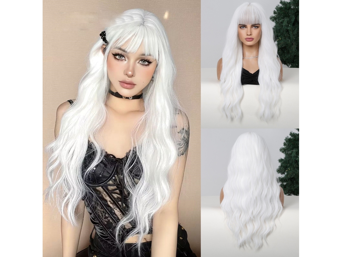 Peluca De Cosplay Blanca Larga Rizada De 27 Pulgadas Con Flequillo Para Mujer