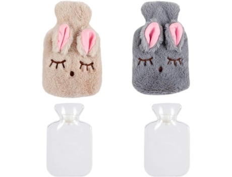 2 bolsas de botella de agua caliente con funda de conejo suave y acogedora, calentador de manos portátil reutilizable de goma para aliviar el dolor...