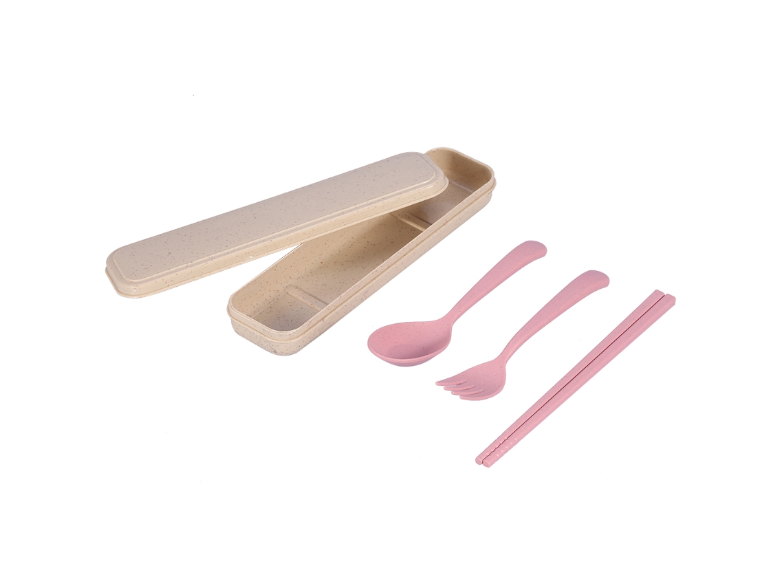 Juego de cubiertos portátiles de 3 piezas: cuchara, tenedor y palillos de paja de trigo con estuche de viaje (rosa)