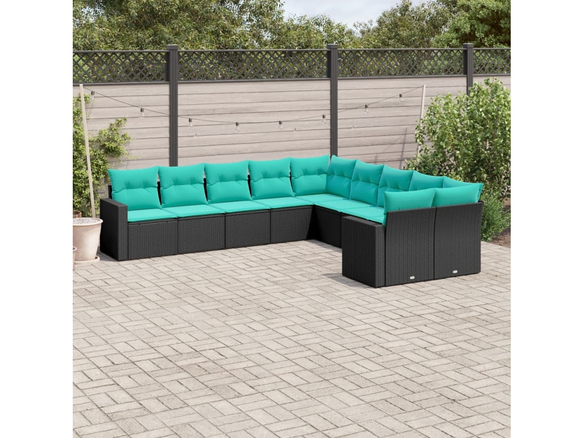 Conjunto de sofá de jardín de 10 piezas con cojines, mimbre sintético negro, DKD Home Decor