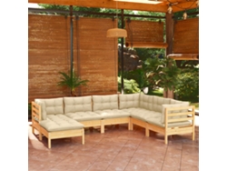 Conjunto 7 Peças Lounge Jardim C/ Almofadões Creme Pinho Maciço Dkd Home Decor