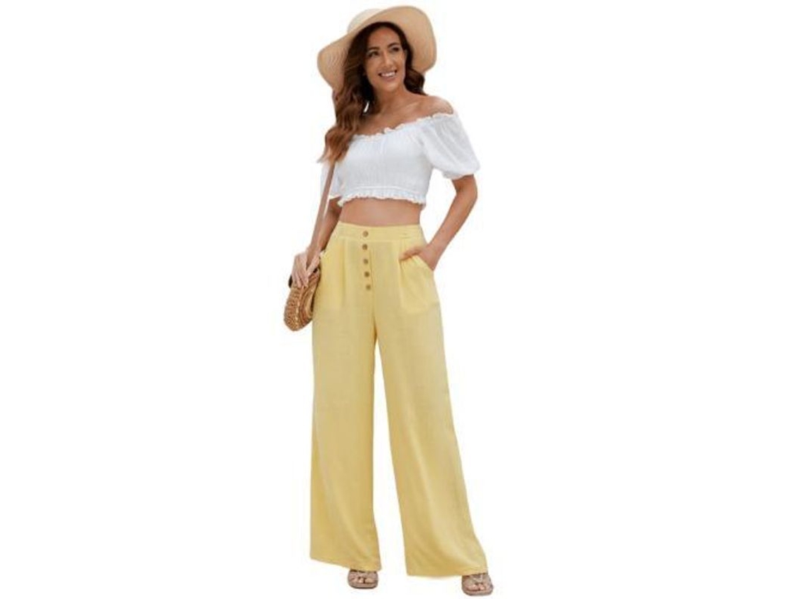 2026-pantalones Anchos De Algodón Y Lino Para Mujer De Cadera Alta Con Bolsillos Verano Flowy Xxl Amarillo