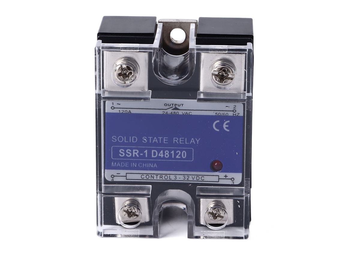 Relé de estado sólido (SSR) monofásico CC para CA, entrada CC 3-32V, saída CA 24-480V 120A com tampa plástica.