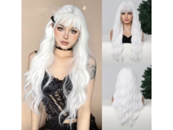Peluca De Cosplay Blanca Larga Rizada De 27 Pulgadas Con Flequillo Para Mujer