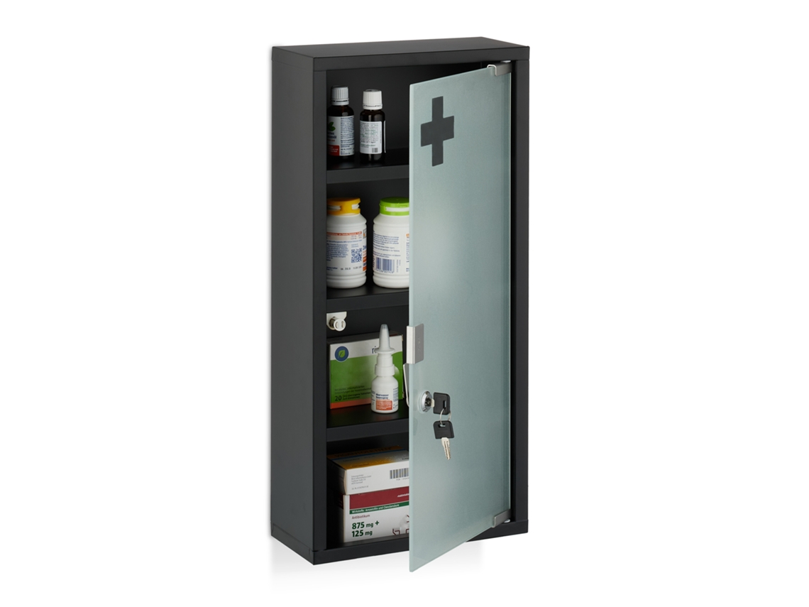 Armário De Medicamentos Relaxdays, 4 Prateleiras, Axlxp: 57 X 27 X 12 Cm, Armário Com Chave, Aço, Porta De Vidro, Preto