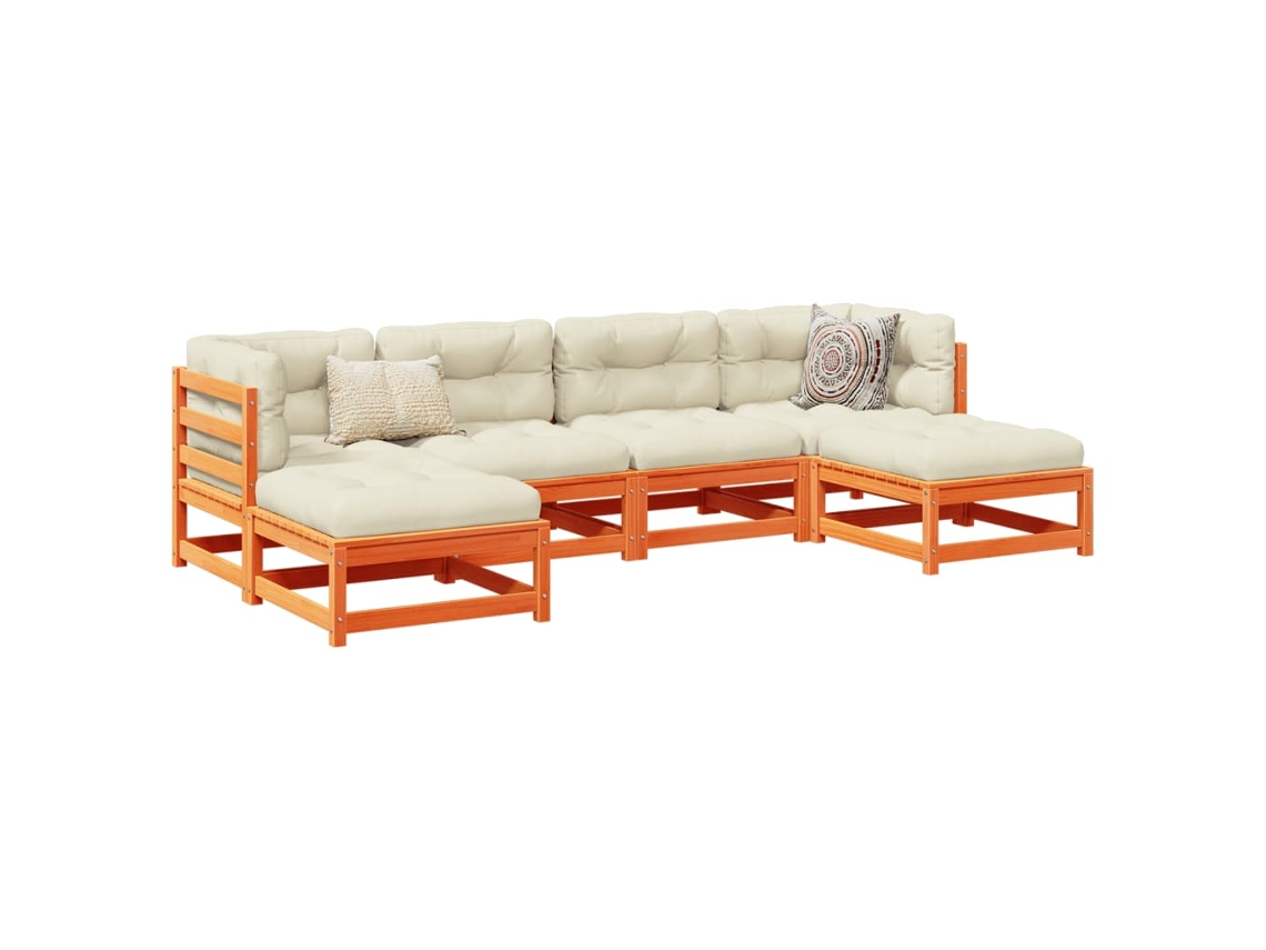 Conjunto de sofá de jardín con cojines, pino macizo, marrón encerado, DKD Home Decor