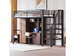 Cama alta de 90 x 200 cm. Robusta estructura metálica con amplio espacio de almacenamiento sobre la cama y escalera. Ideal para literas.