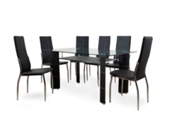 Mesa de Cristal Templado 6 Sillas en Polipiel/Metal Negro 150x90 cm