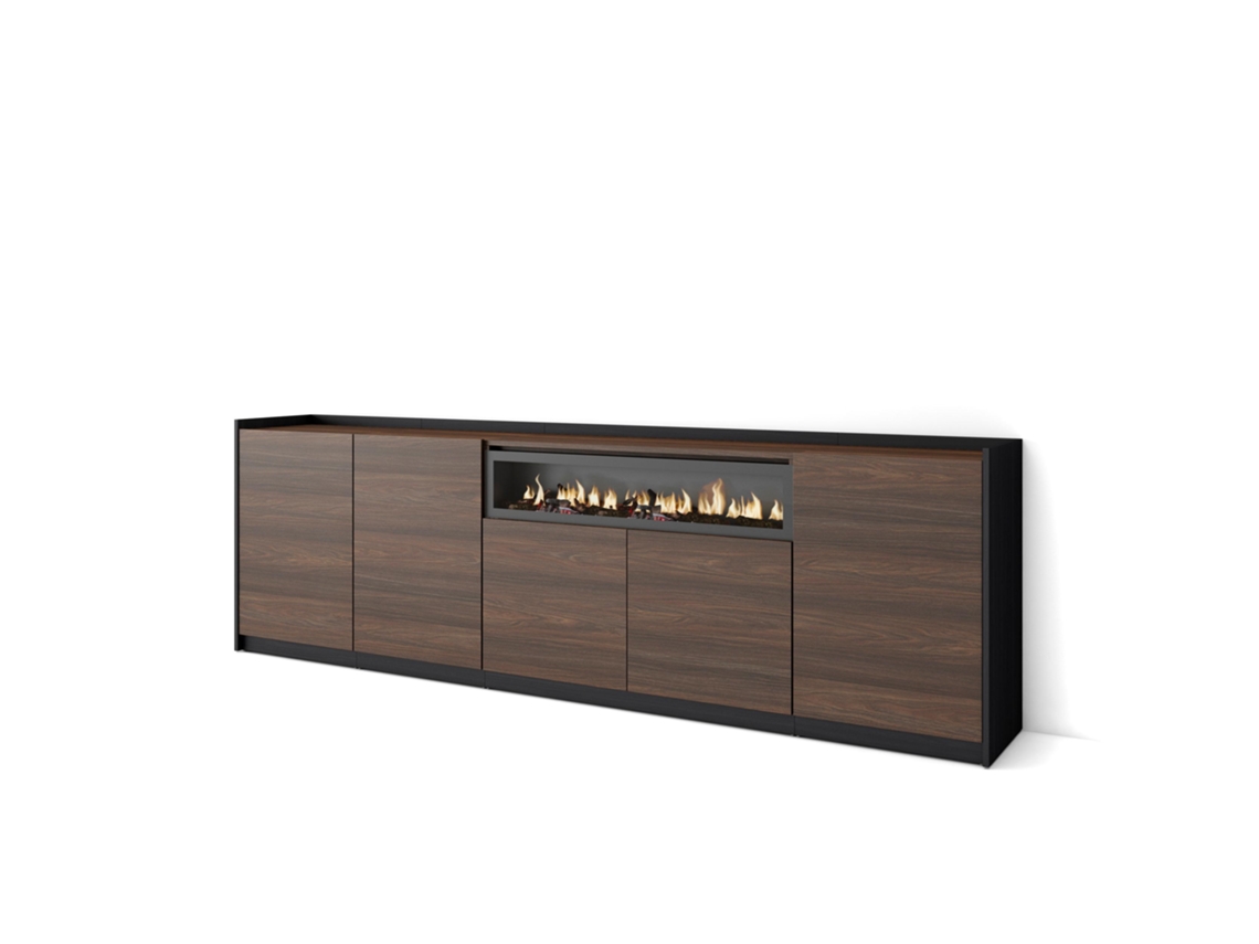 Aparador de comedor, 260x37x80cm, 5 puertas, chimenea eléctrica, roble oscuro y negro.