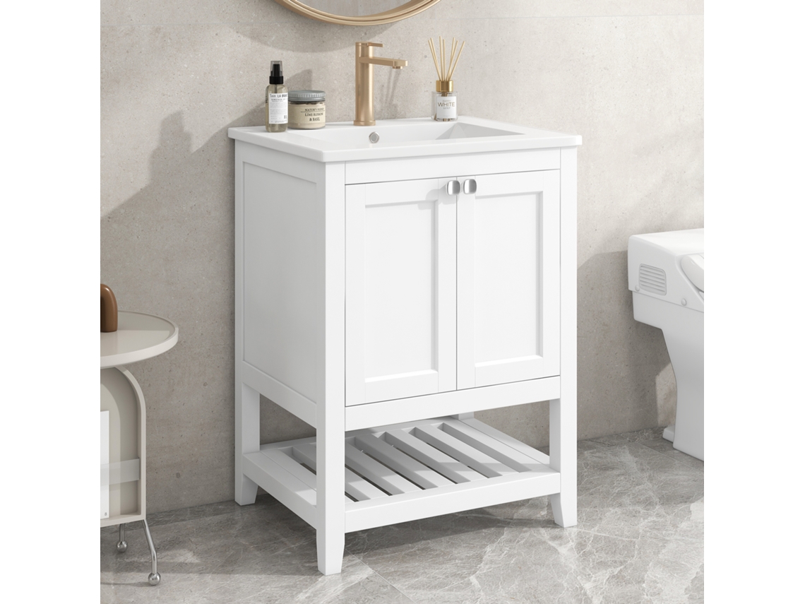 Mueble De Baño Individual Con Base De Cerámica De 60 Cm, Color Blanco.