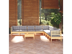 Conjunto de jardín de 10 piezas con cojines grises en pino macizo DKD Home Decor