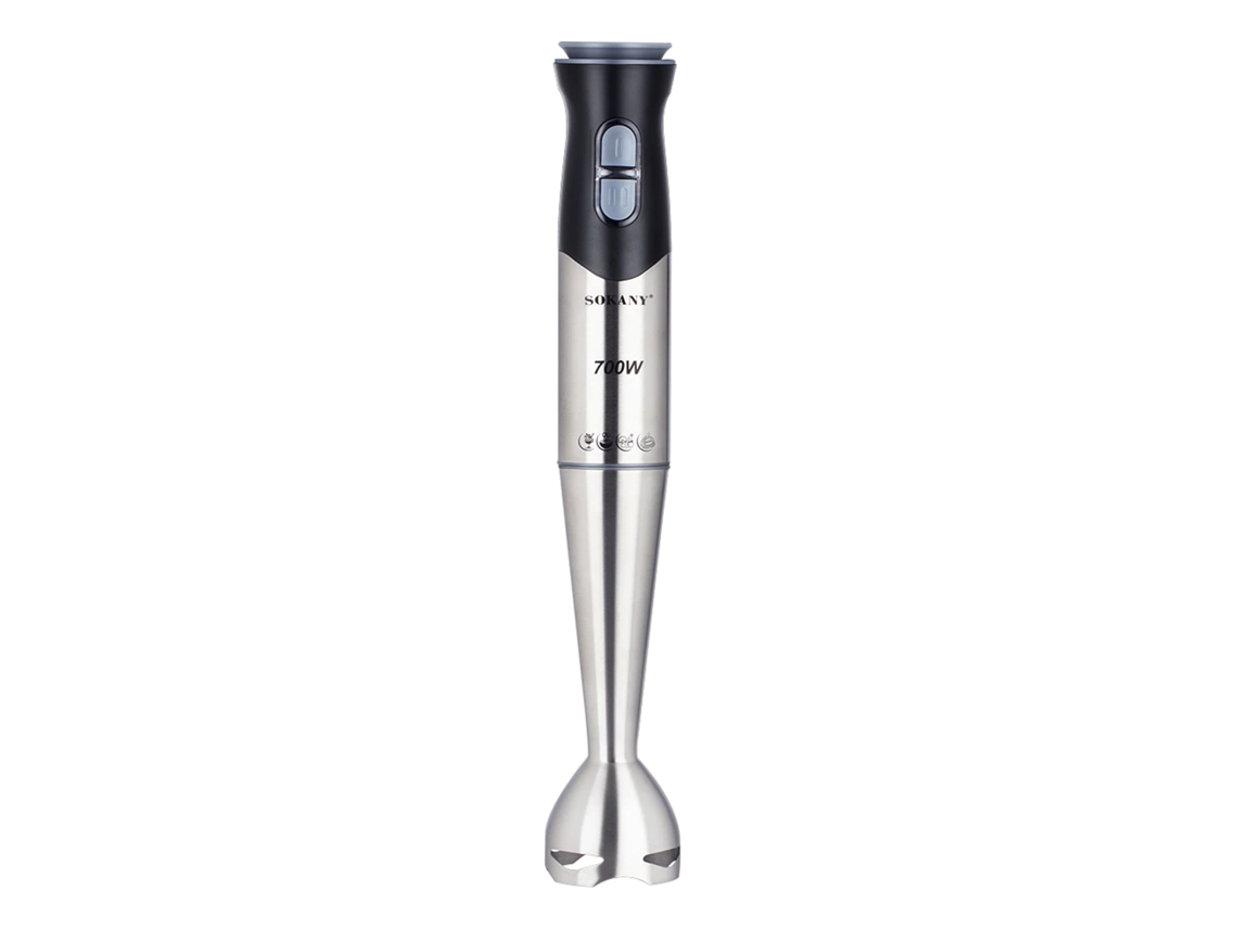 Batidora de mano de 700 W con dos velocidades, diseño ergonómico, cuerpo y brazo de acero inoxidable. Brazo apto para lavavajillas.