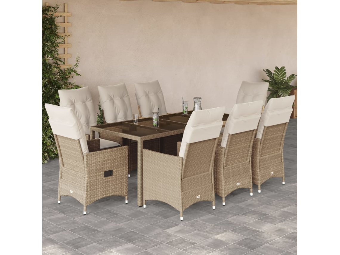 Juego de comedor de jardín de 9 piezas con cojines, mimbre sintético beige, DKD Home Decor