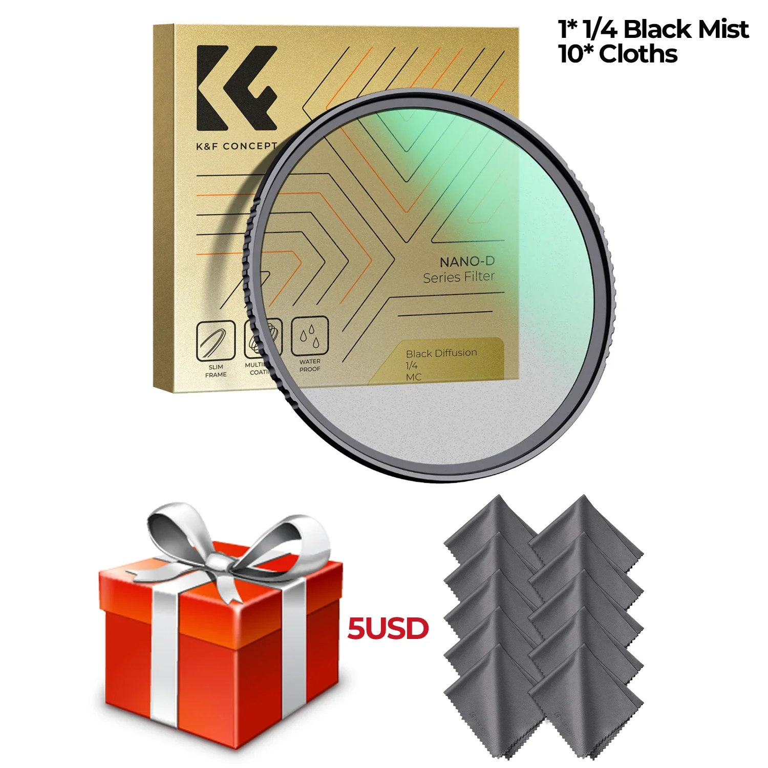 Filtro difusor de niebla negra de 1/8 1/4 con película verde suave, 49 mm, con 10 toallas