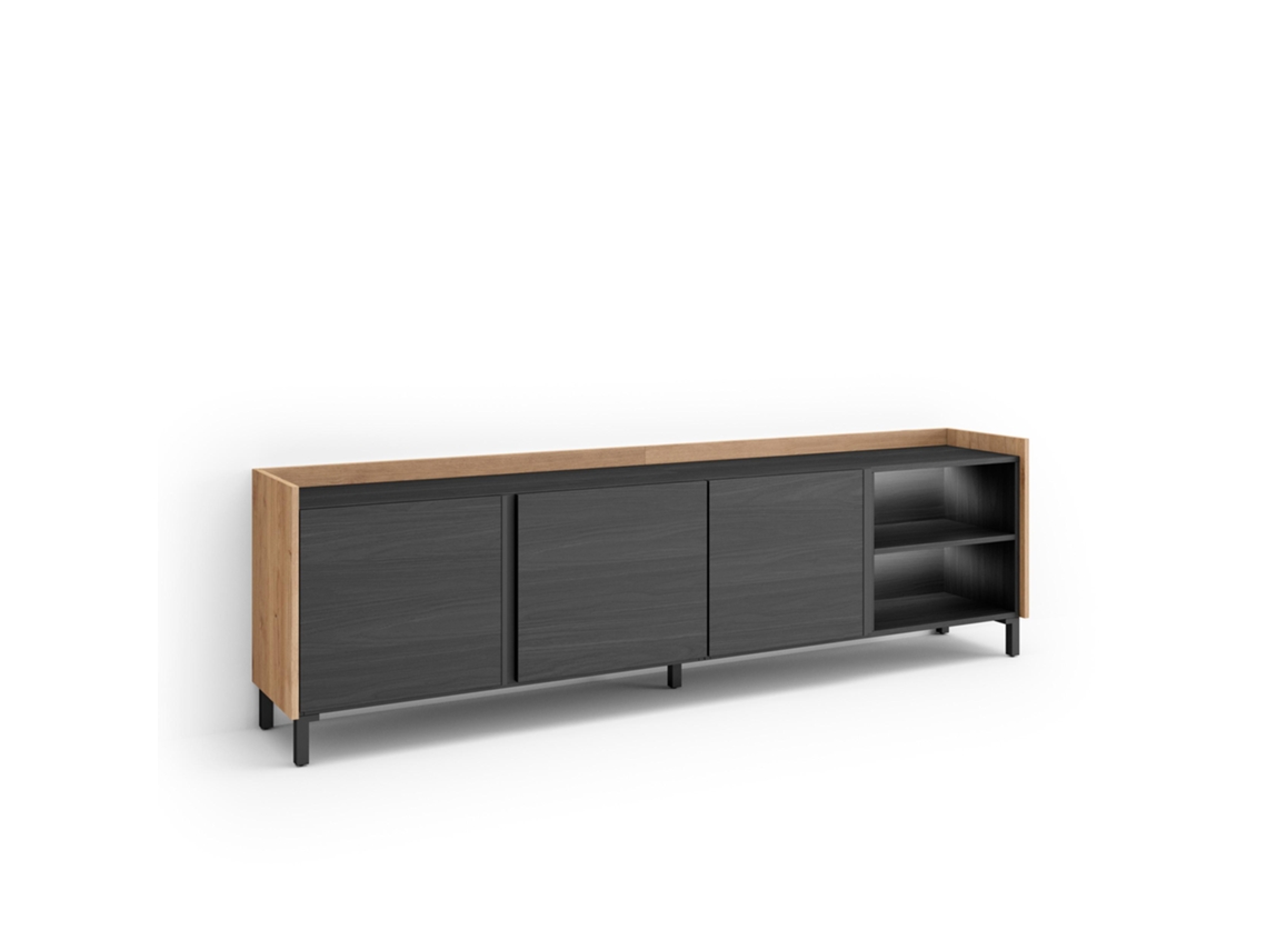 Mueble Tv, Televisión, 207x35x61cm, Para Tv Hasta 80", Diseño Industrial, Led, Negro Y Roble