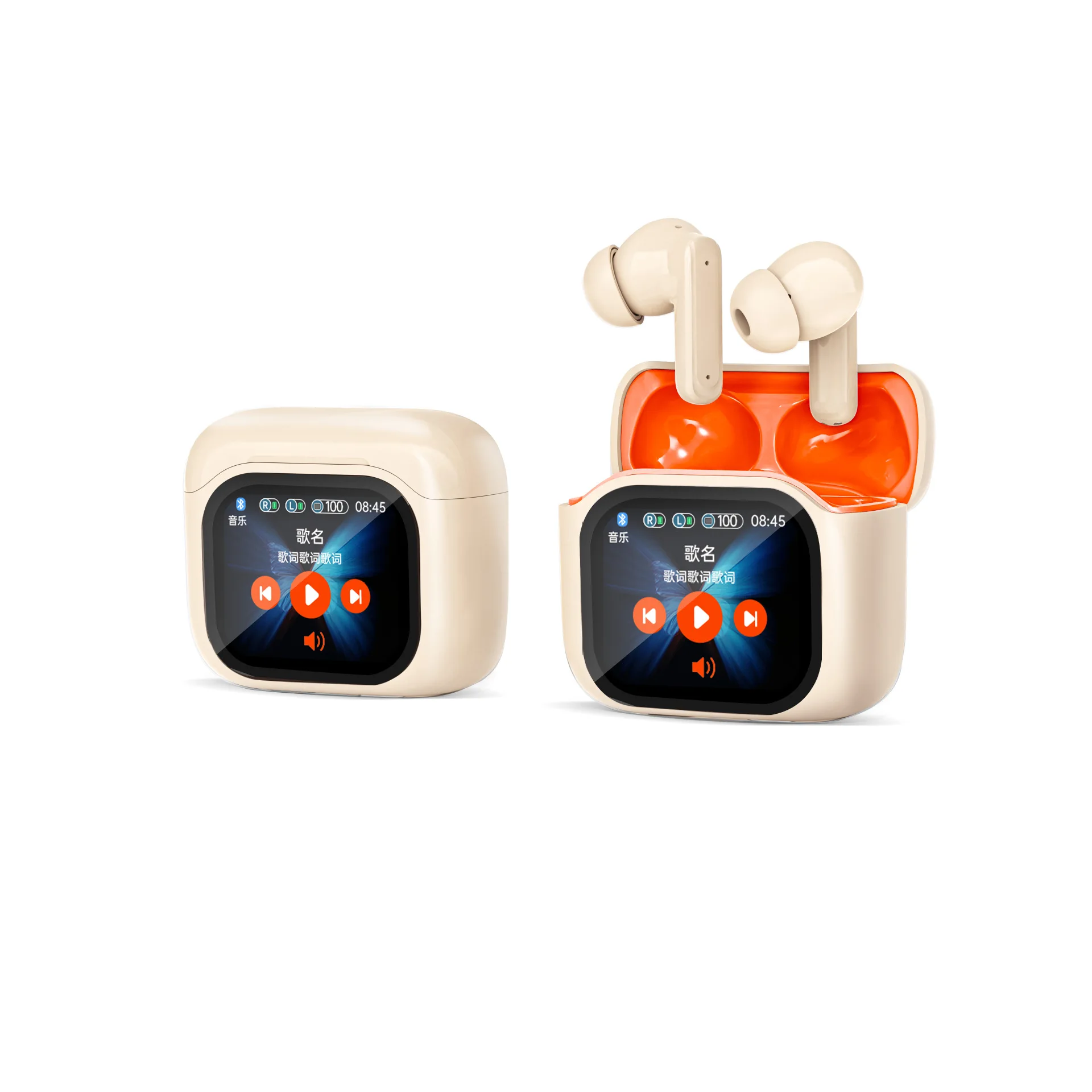 Auriculares (naranjas) para traducción, con cancelación activa de ruido (ANC) y bajo consumo de energía.