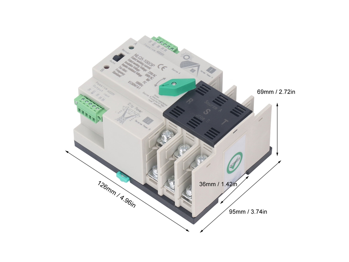 2026dz - Interruptor automático de transferencia de potencia dual, 3 polos, CA 220 V, 63 A, con conmutación en milisegundos para energía fotovoltaica y de red eléctrica.