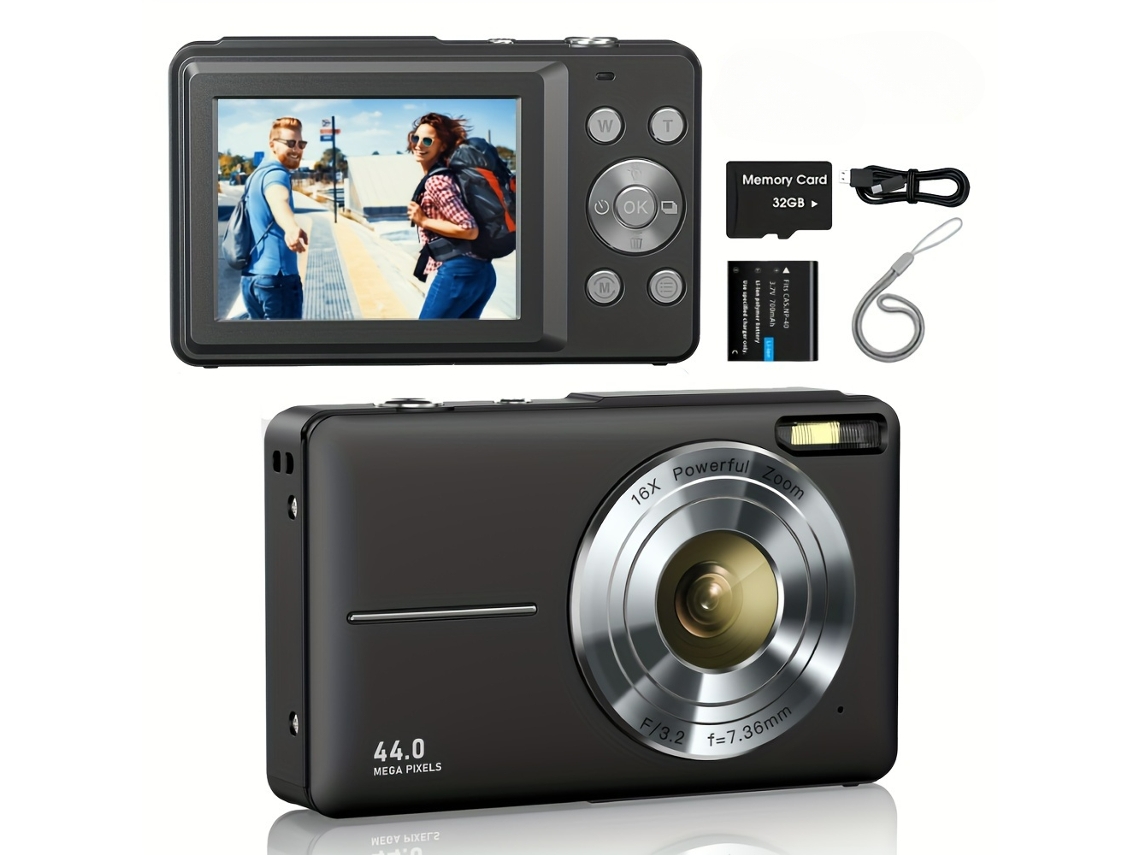 Cámara digital Gertiz de 44 MP, compacta y portátil, con tarjeta de 32 GB, color negro