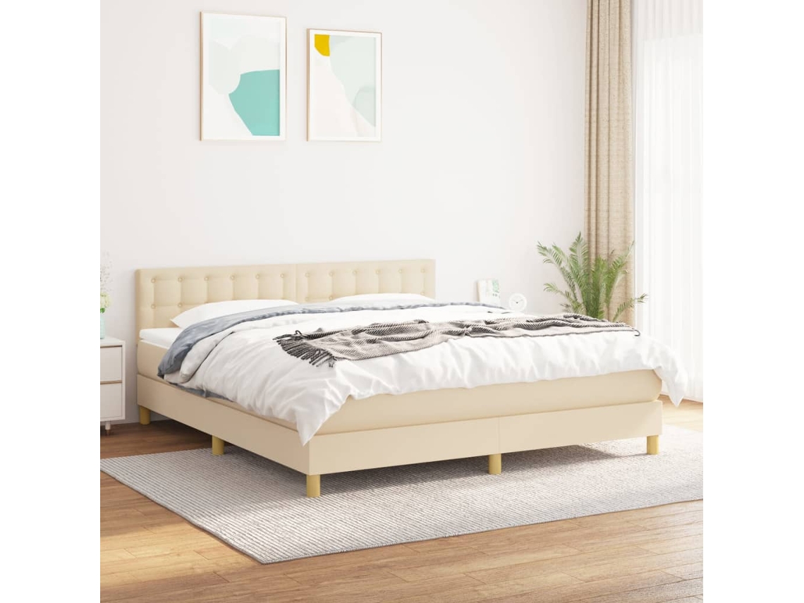 Cama Box Spring Con Colchón Tela Color Crema 180x200 Cm