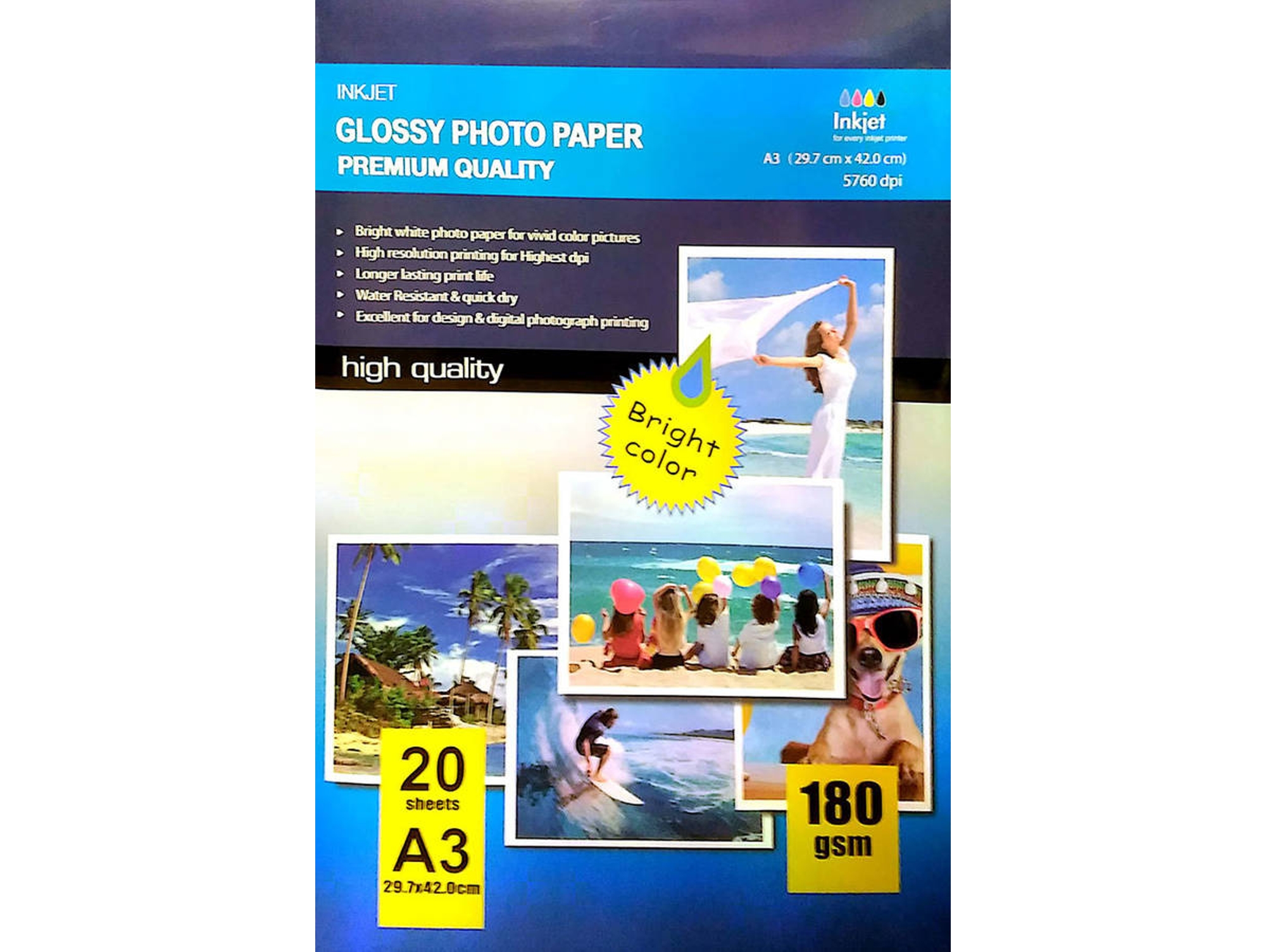 Papel Fotográfico Chorro de Tinta A3 Brillante (180g / 20 hojas)