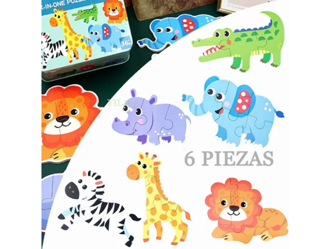 Rompecabezas De Animales 6 En 1 Para Bebés, Juguete Educativo De Madera Con Estampado Colorido.