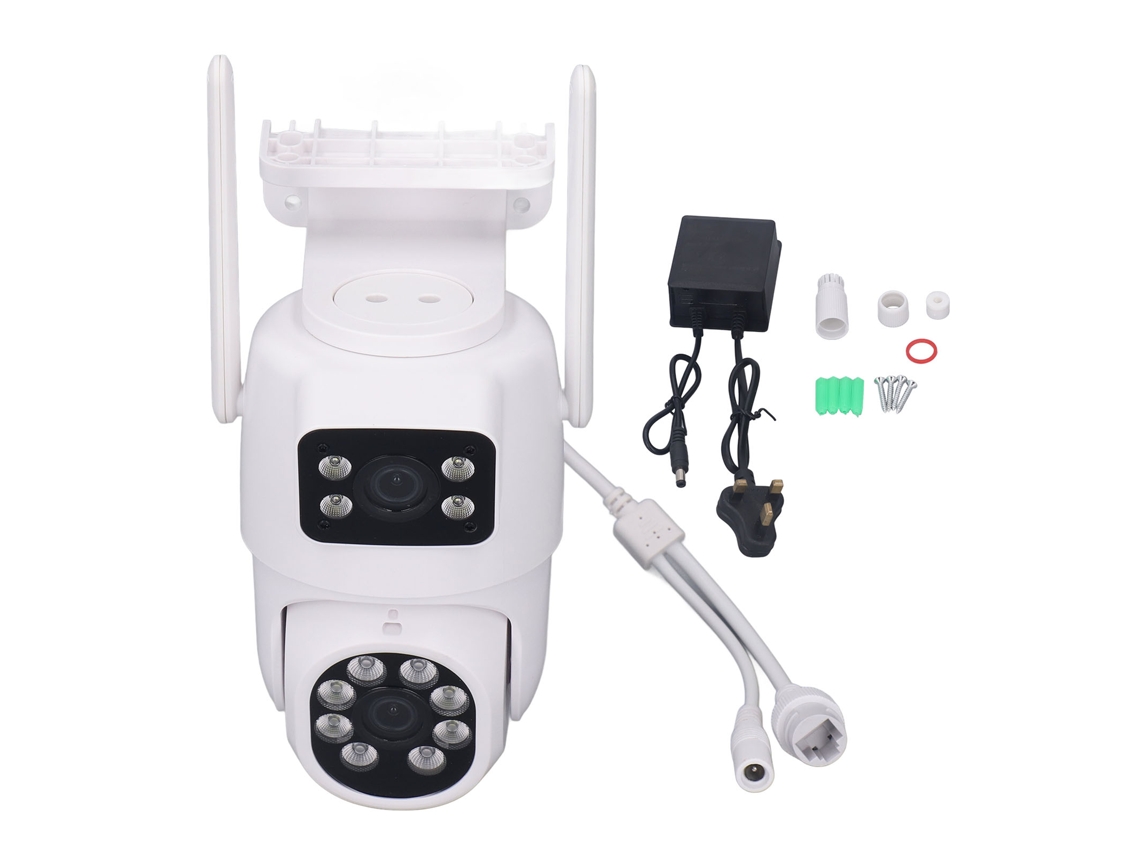 Cámara De Seguridad Inalámbrica Wifi De 3 Mp Con Doble Lente, Detección De Movimiento Y Control Remoto Para Uso Doméstico Y Exterior. Enchufe Británico.