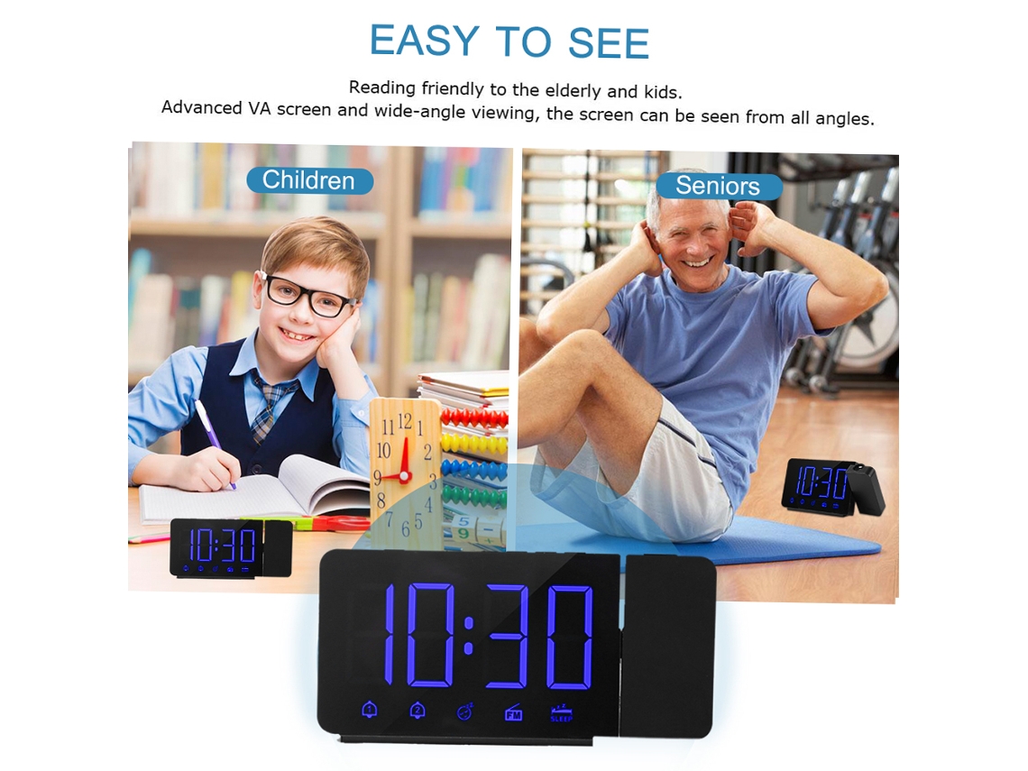 Despertador Con Proyección De 180°, Radio Fm, Doble Alarma, Función De Repetición, Carga Usb Y Brillo Ajustable Para Dormitorios.