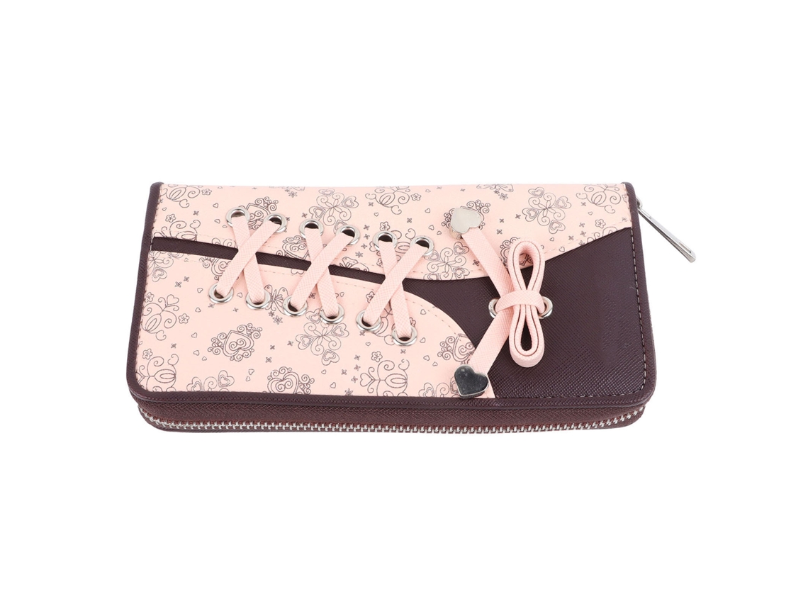 Cartera Larga De Piel Sintética Para Mujer Con Estampado Floral Y Cordón Decorativo Rosa.