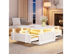 Mesa De Centro De Alto Brillo, 70x70x35 Cm, 2 Cajones, Iluminación Led, Acrílico Blanco.