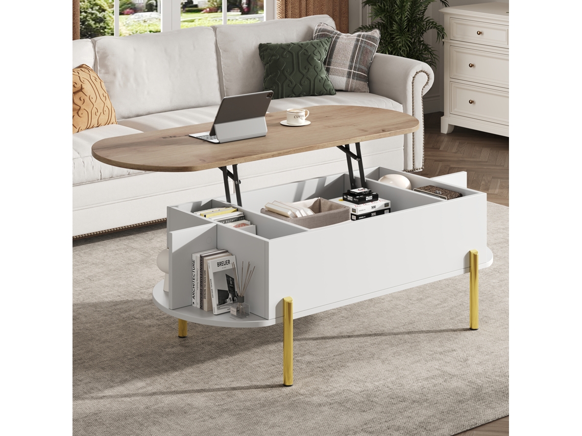 Mesa De Centro 120x50x43 Cm - Mesa Elevable Con 7 Estantes - Color Madera Y Blanco