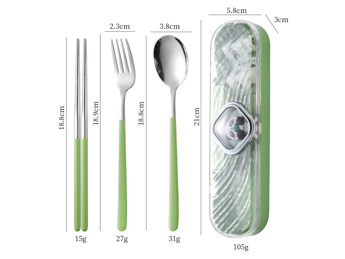 Juego de 3 piezas en acero inoxidable 304 MDUG (palillos, cuchara y tenedor) verde y plateado