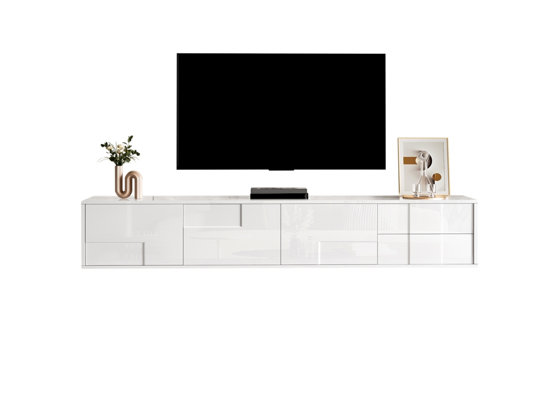 Mueble Tv 170 Cm - Moderno, Colgante O De Pie, Sin Tiradores, 3 Puertas Y 2 Cajones - Blanco Brillante