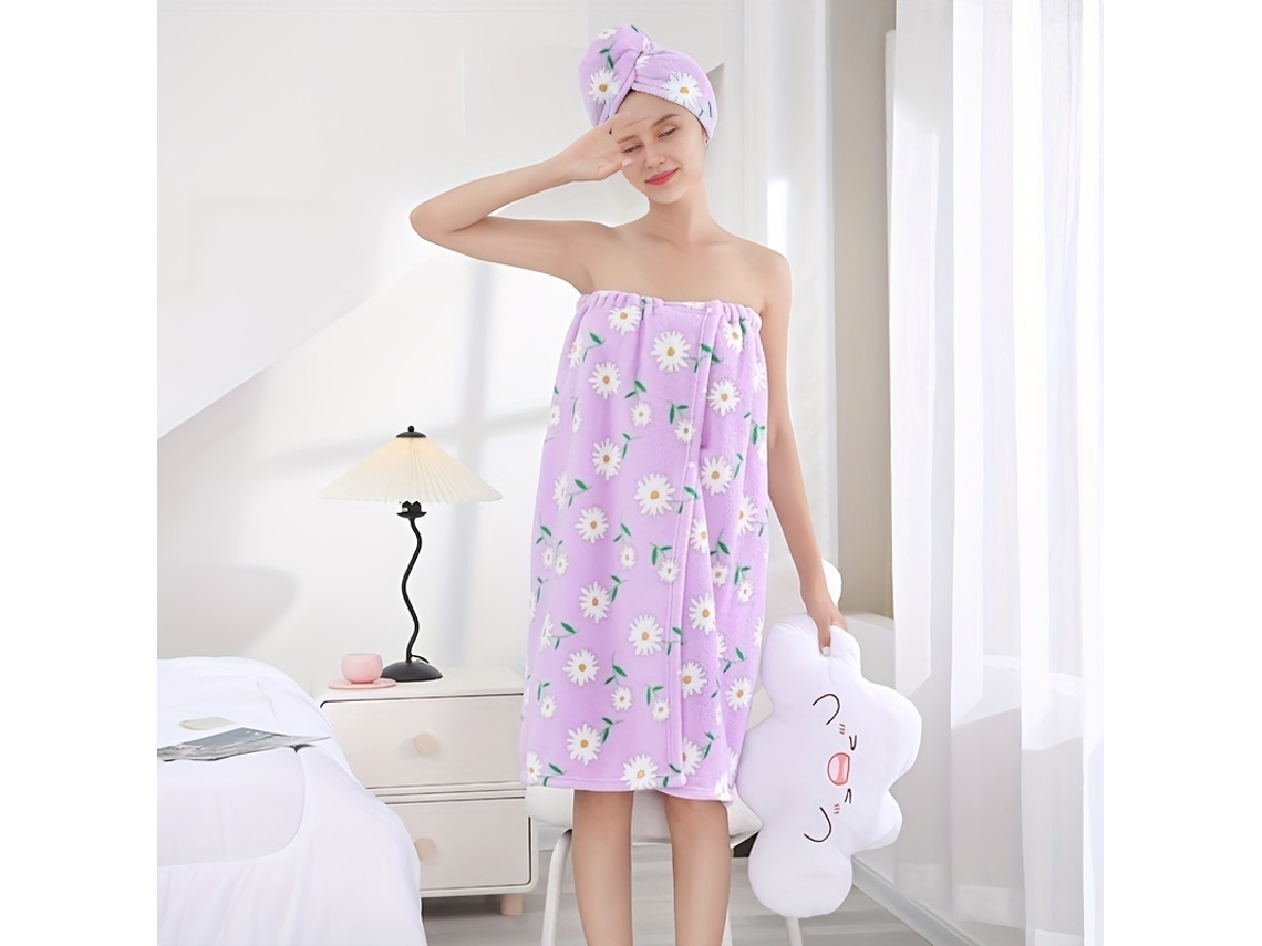 Conjunto: Albornoz Estampado + Secador De Pelo, Toalla De Forro Polar Coral Para Después Del Baño.